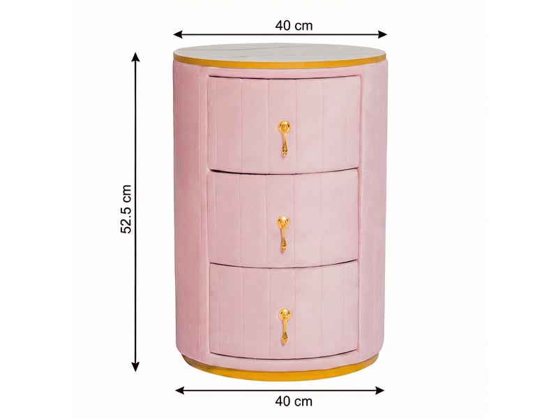  Table de chevet ronde avec 3 tiroirs pour chambre en mdf, métal et velours 40×40×52,5 cm rose  - Conforama E