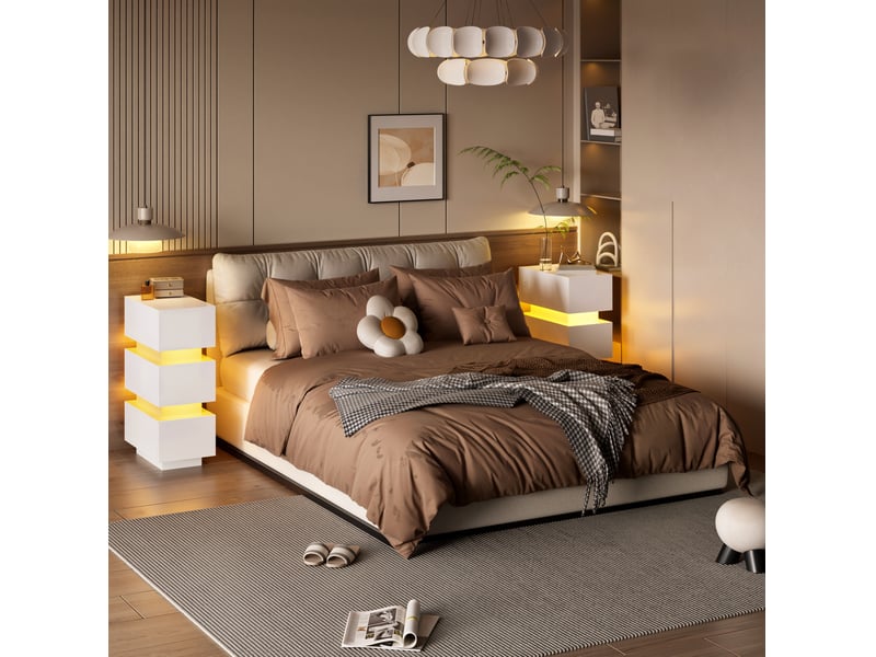  Tables de chevet modenvie étroites lot de 2 avec 3 tiroirs, led, usb et type-c, 20 x 40 x 59,5 cm, blanc  - Conforama E