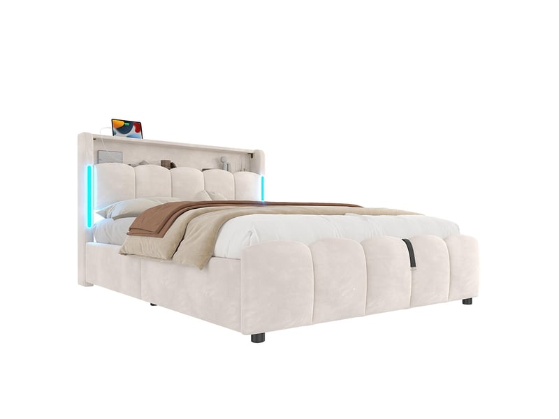 Lit coffre rembourré rangement 140x200 cm sans matelas led tête compartiment hydraulique usb type-c velours beige - Conforama F
