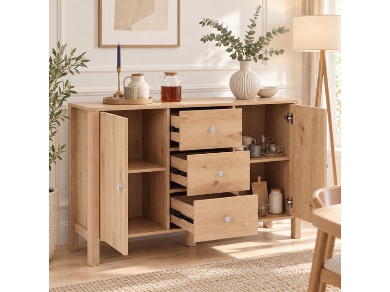  Buffet 120x40x80 cm effet chêne, 2 portes, 3 tiroirs, poignées métal, rangement salon salle à manger  - Conforama B