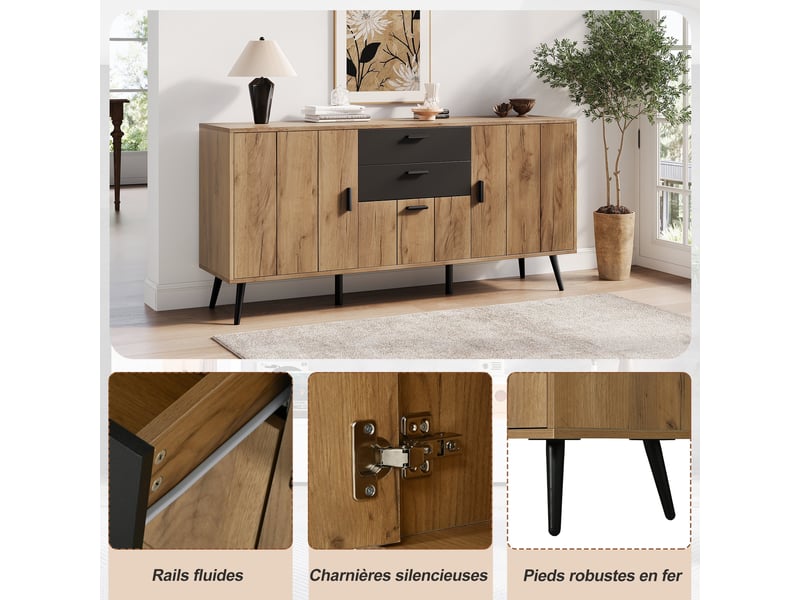  Buffet moderne effet bois et noir 2 tiroirs 3 portes 140x35x67cm  - Conforama D