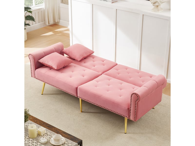 Canapé convertible 2 places à double dossier réglable 3 positions, coussins et pieds en métal doré, velours rose, 147×85 cm - Conforama C
