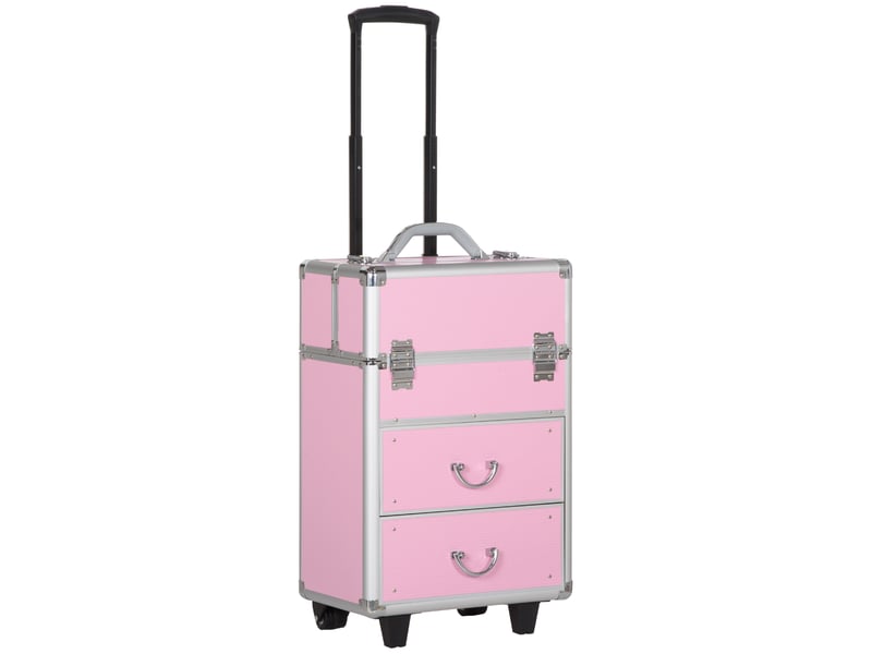Valise trolley maquillage mallette cosmétique vanity poignée télescopique réglable 36l x 23l x 58h cm alu abs rose - Conforama B