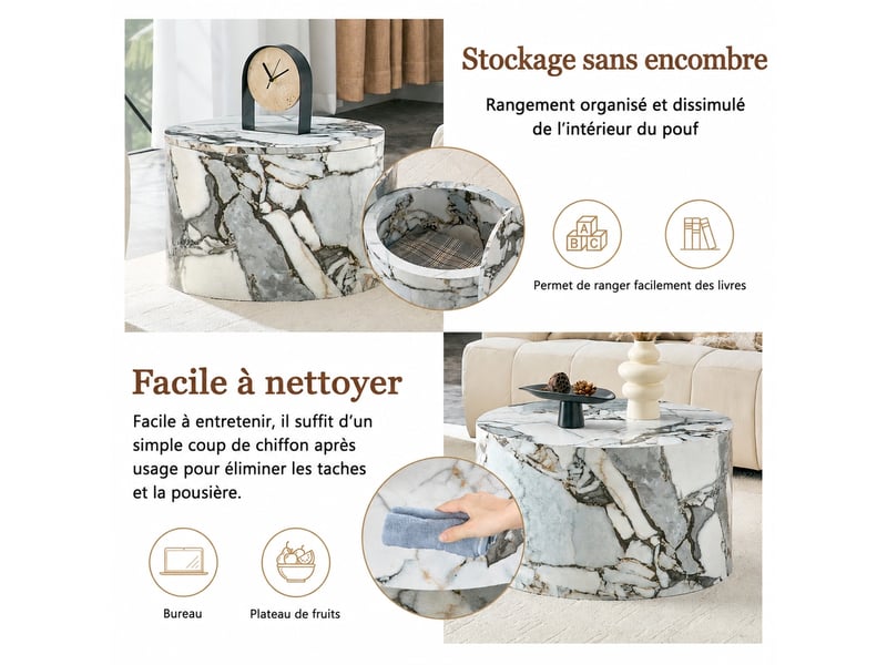  Lot de 2 tables basses rondes gigognes avec rangement, mdf blanc, couvercle amovible, diamètres de 62,8 cm et 44 cm.  - Conforama D