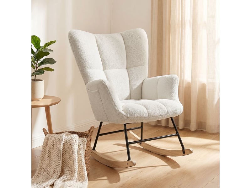  Fauteuil à bascule à dossier haut, recouvert de velours teddy couleur crème  - Conforama C