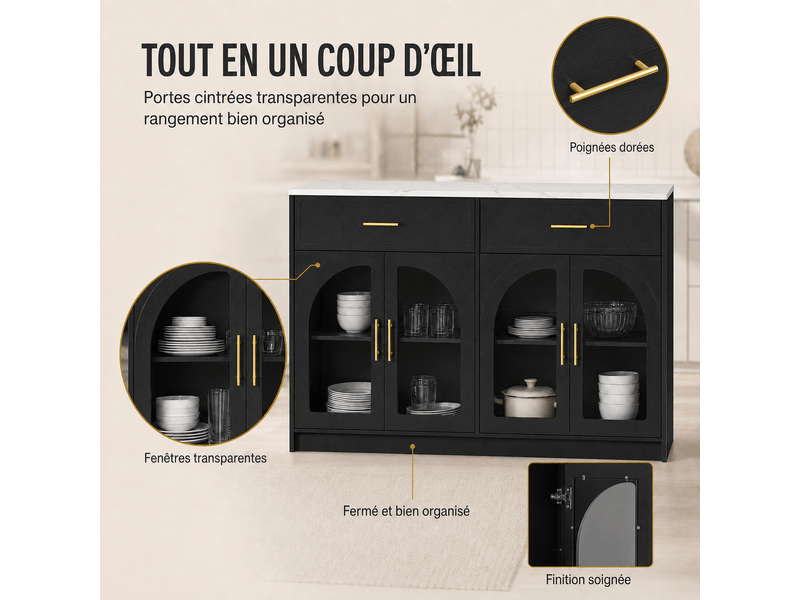  Desserte de cuisine avec 2 tiroirs, portes vitrées, étagères réglables et led en mdf 135×55×91 cm noire  - Conforama C