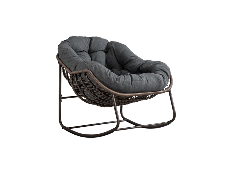 Fauteuil à bascule extérieur en résine tressée gris foncé avec coussin - Conforama A