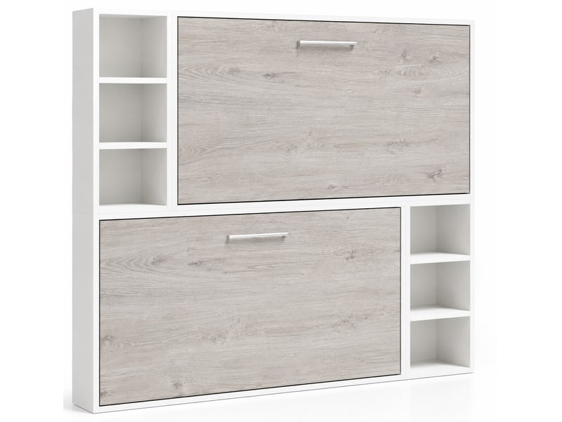  Lit escamotable superposé avec niches de rangement briano-90x200-cadre blanc-façade chêne gris  - Conforama A
