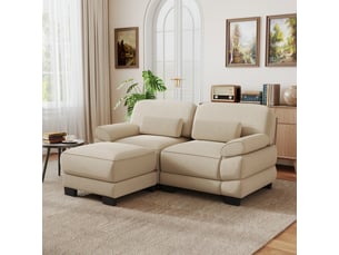Canapé d'angle 2 places en l avec 1 pouf, cordon cord, coussin lombaire, assise profonde, style minimaliste moderne, beige, pour salon et appartement