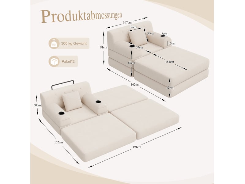  Canapé convertible 1 place en cord beige avec pouf, dossier haut, 4 poches et 2 porte-gobelets, sans montage  - Conforama C