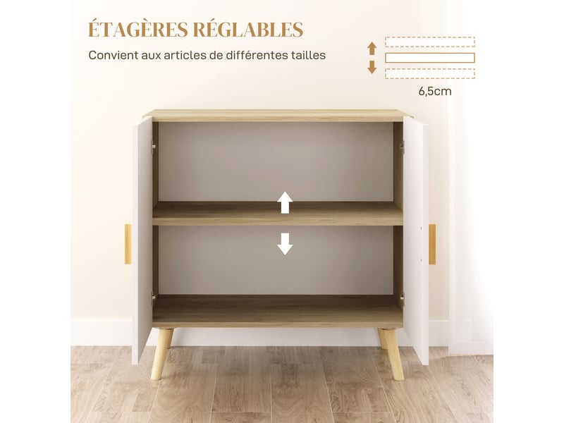  Buffet meuble de rangement avec poignées en bambou étagère ajustable base surélevée blanc bois naturel 76 x 41,2 x 74 cm  - Conforama A