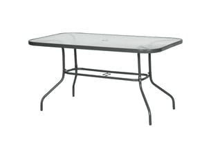 Table de jardin avec trou pour parasol, mobilier d'extérieur en métal et verre 140 x 80 x 70 cm, gris