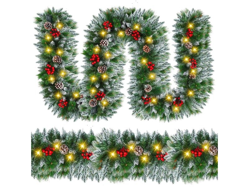  Guirlande lumineuse de noël 2,7 m, pin artificiel givré avec led, baies rouges et pommes de pin pour cheminée et escalier  - Conforama A