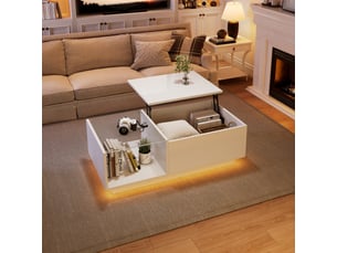 Table basse relevable avec compartiment caché étagère ouverte et led contrôlée par application en panneaux de particules blanc - uvrion