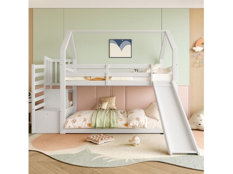 Lit superposé enfant 90x200 cm, avec toboggan, escalier de rangement, design cabane, bois blanc, sommier, sans matelas  - Conforama D