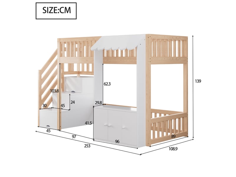 Lit mezzanine enfant 1 place 90x200 cm, escalier avec 3 rangements, armoire, led multicolore, rangement sous le lit, pin et mdf Radiant Stride - Conforama C
