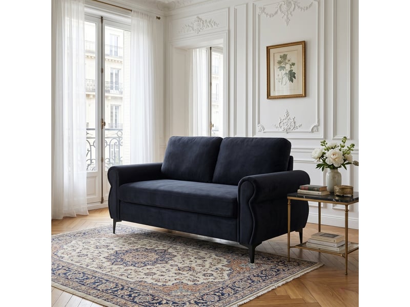  Canapé droit 2 places noir, structure métallique et bois massif, revêtement en tissu polyester respirant, idéal pour petits espaces  - Conforama B