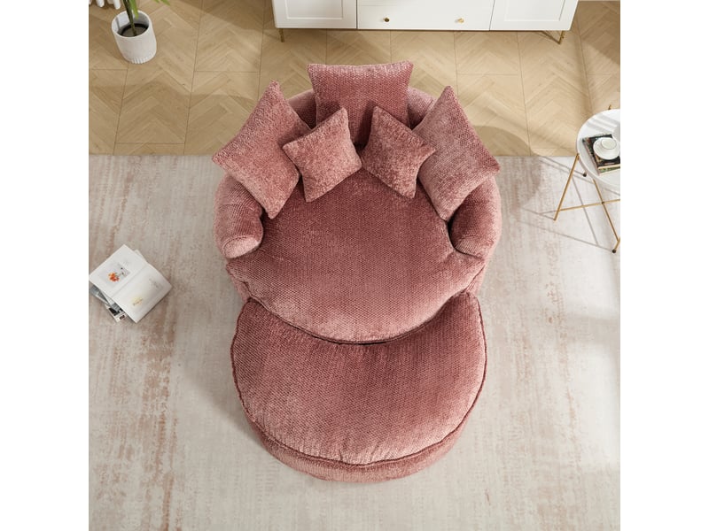  Fauteuil pouf rond avec repose-pieds et coussins, accoudoirs et assise en mousse pour salon, polyester rose  - Conforama C