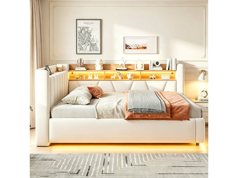  Lit banquette coffre 140x200 cm avec rangement hydraulique, étagères, port usb et éclairage led, velours beige  - Conforama D