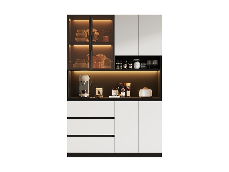 Meuble de cuisine 120,5x40x180 cm blanc et noir - grand buffet de cuisine multifonction avec vitrine led, 6 portes et 3 tiroirs - Conforama A