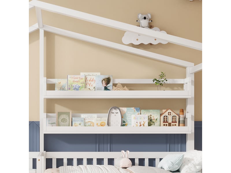 Lit cabane enfant 90x200 cm en bois massif blanc avec tiroir et étagères - Conforama E