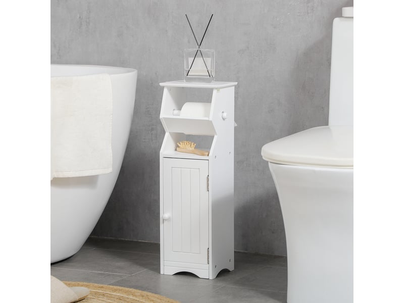 Meuble de salle de bain en mdf blanc avec espace de rangement et porte-papier toilette, 19 x 15 x 56 cm - Conforama C