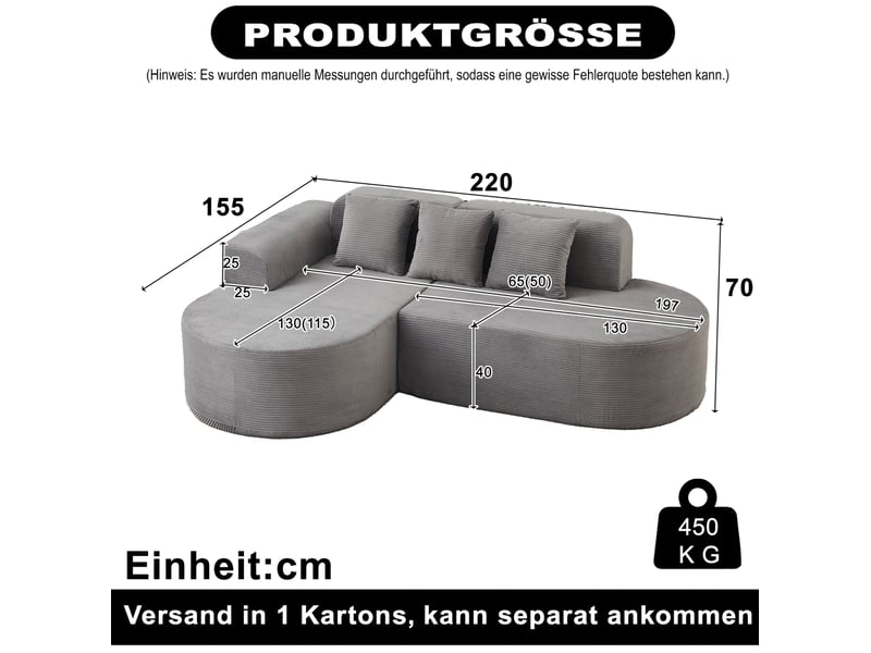  Canapé d'angle modenvie 4 places en velours côtelé gris, méridienne gauche, 220 x 155 x 70 cm, 3 coussins  - Conforama C