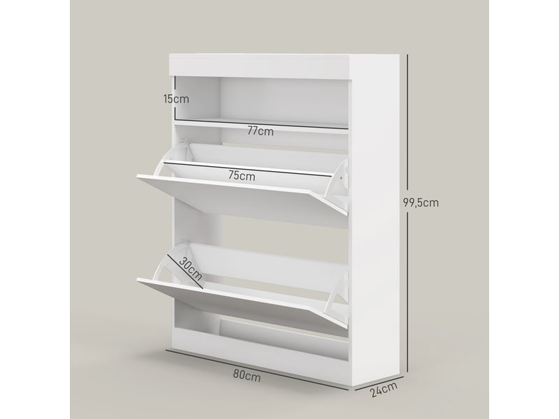  Meuble à chaussures avec éclairage led et 2 tiroirs abattants pour 12 à 16 paires de chaussures, 80 x 24 x 99,5 cm, blanc brillant  - Conforama D