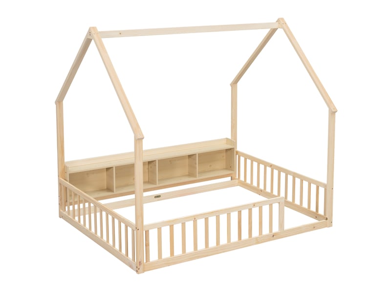  Lit enfant au sol 140x200 cm en bois, forme maison, rangements et barrières  - Conforama E
