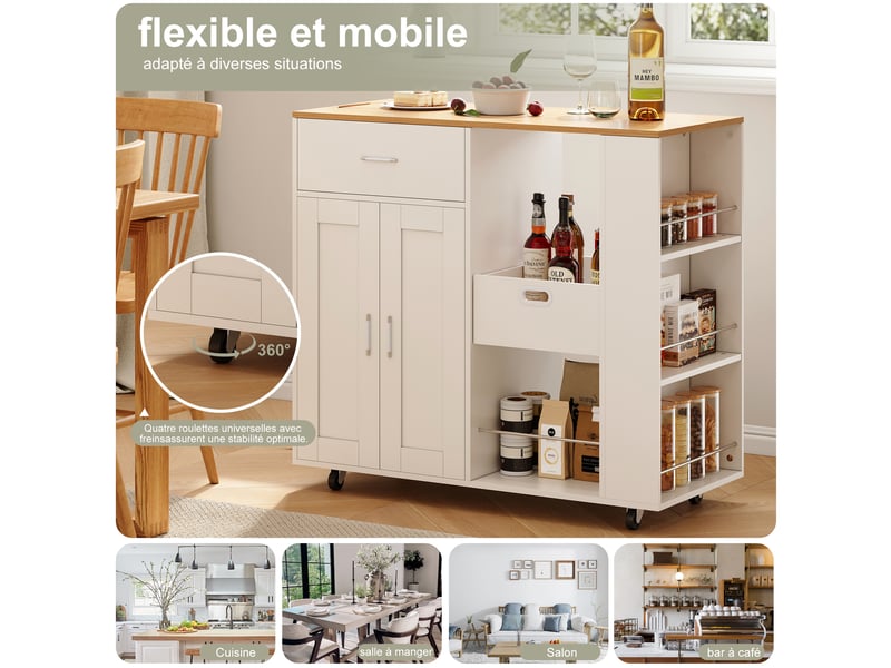  Desserte de cuisine à roulettes, îlot de cuisine mobile, buffet de cuisine, 46 x 102 x 92 cm, avec porte-serviettes, 2 portes 1 tiroir, blanc  - Conforama E