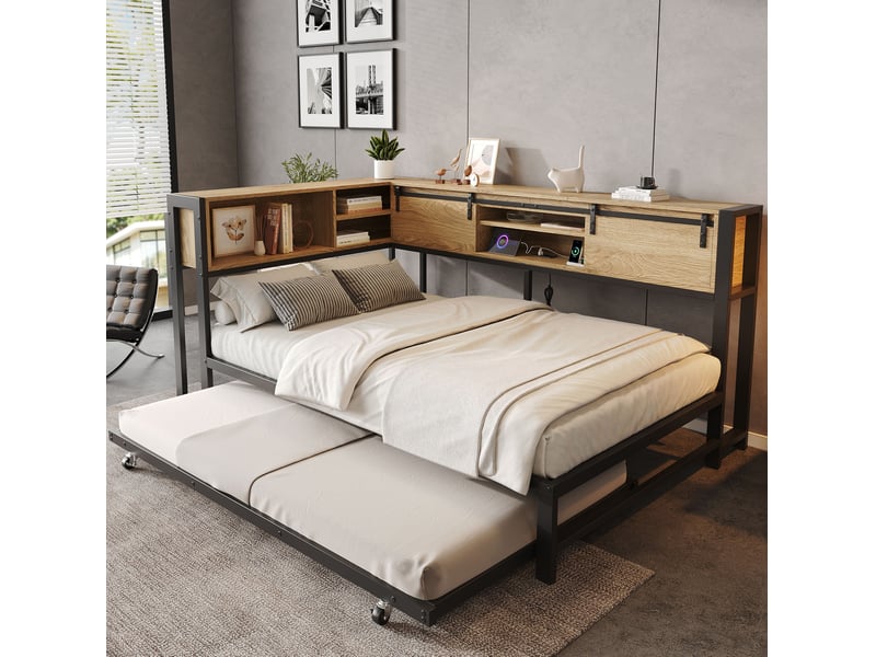 Lit en métal 120 x 200 cm avec lit gigogne 90 x 190 cm, rangements et prise de charge, noir et naturel - Conforama D