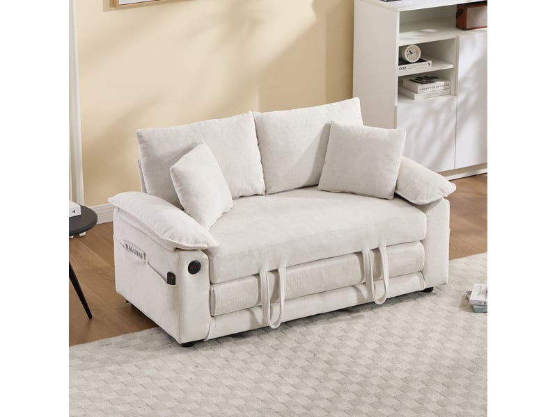  Canapé-lit convertible modenvie 3 en 1 2 places en chenille blanc avec poches latérales 135 x 66 x 80 cm  - Conforama B