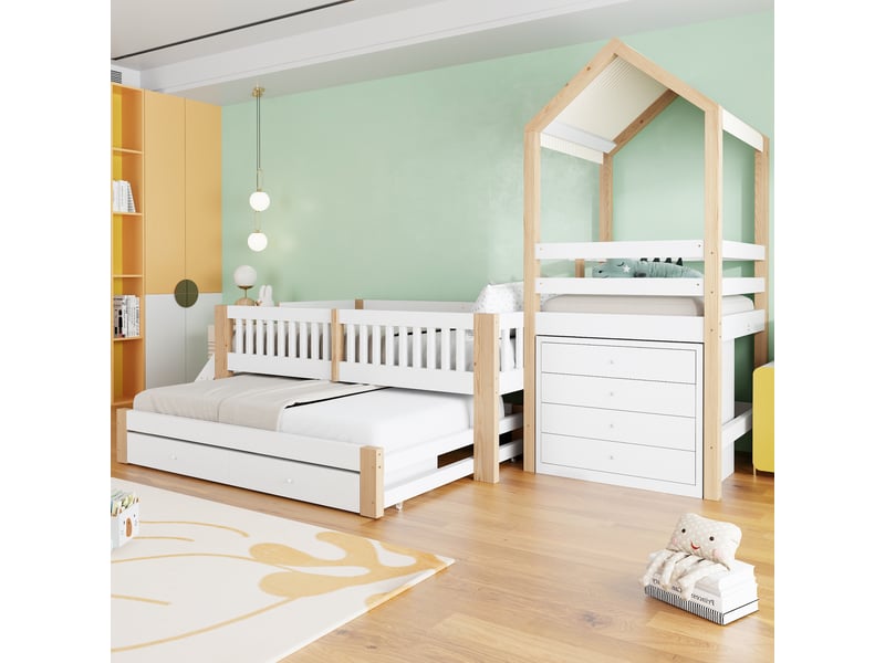  Lit superposé cabane 90x200 cm avec lit gigogne 90x190 - lit enfant en bois avec commode 4 tiroirs, escalier latéral et toit en tissu, naturel evarich - Conforama E