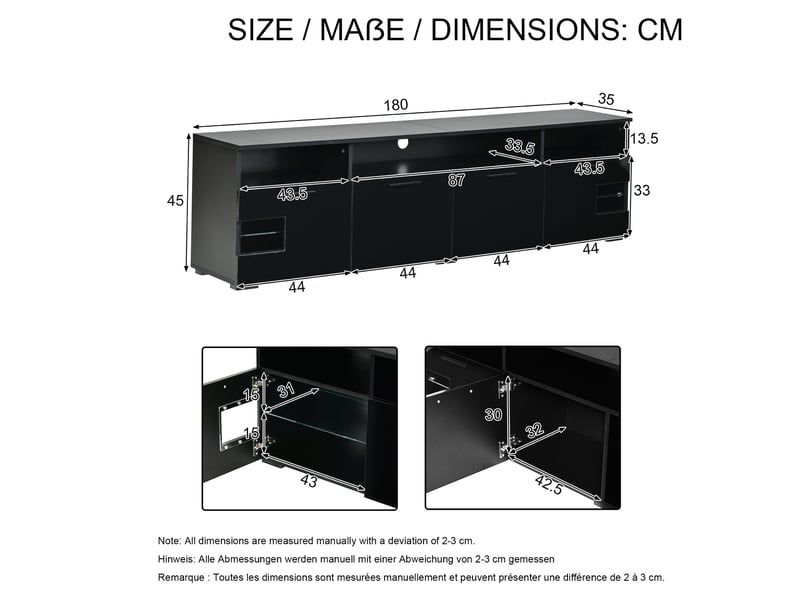  Meuble tv 180 cm noir, led bluetooth, 4 portes, niches ouvertes et tablettes en verre Fay Lum - Conforama C