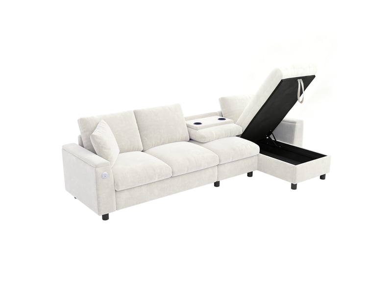  Canapé d'angle, canapé chenille – en tissu chenille, port usb, beige, avec accoudoirs, avec rangement, porte-gobelets  - Conforama B