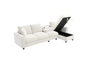 Canapé d'angle panoramique fixe <strong></strong> <strong></strong> 2 places Coton / Lin beige avec coffre de rangement