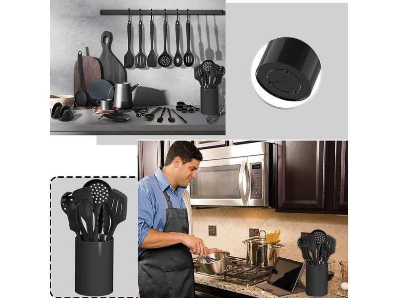 Set de 43 ustensiles de cuisine,meulva,37x15x15 cm,avec support,silicone,noir - Conforama B