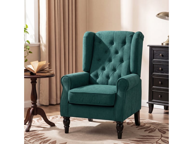  Fauteuil à oreilles avec accoudoirs, coussin capitonné, vert foncé  - Conforama D