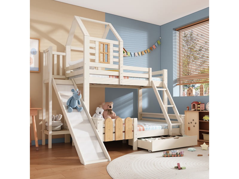  Lit superposé 90x200 et 140x200 cabane avec toboggan, lit avec sommier à lattes, bois massif, blanc et naturel  - Conforama W
