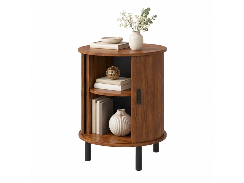 Table d'appoint ronde 48x48x65 cm en mdf et panneaux de particules avec porte coulissante marron noyer chicfurn - Conforama A