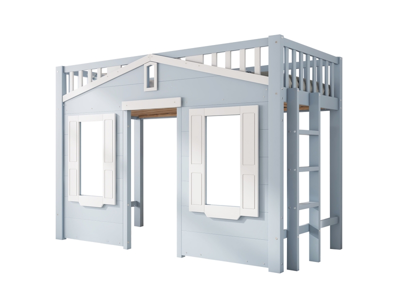  Lit mezzanine 90x200cm, lit enfant avec fenêtre et échelle modulable, en bois de pin et mdf gain de place, blanc et bleu  - Conforama A