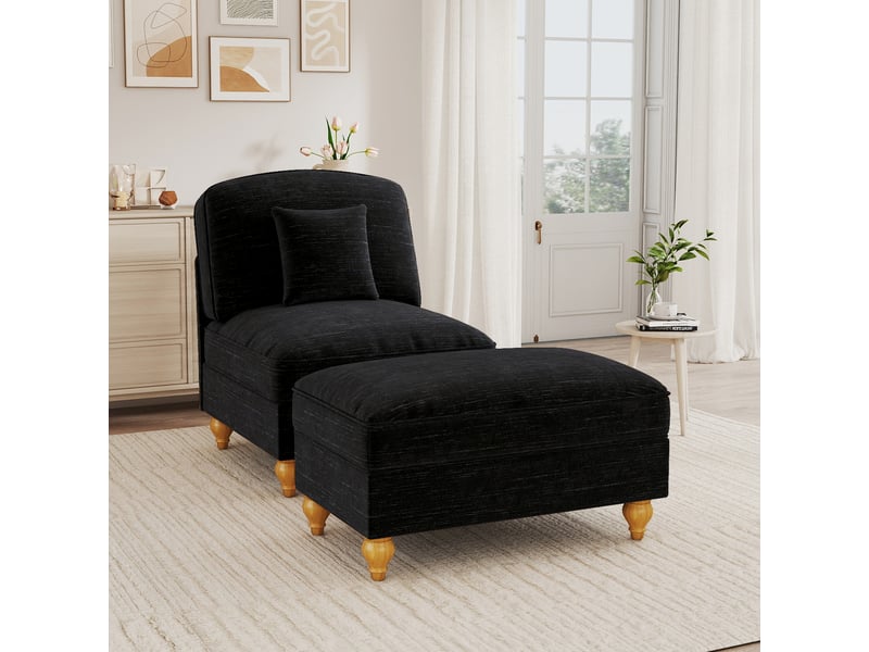  Fauteuil avec pouf avec housse à volants amovible, coussin mobile et assise profonde, en chenille noir  - Conforama E