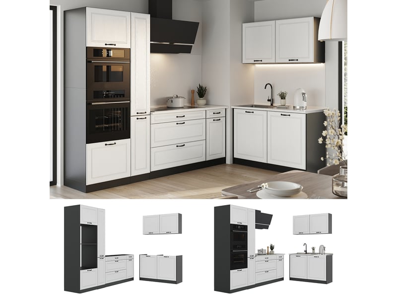  Vicco cuisine en angle, blanc campagneanthracite, 230 x 120 cm plan de travail marbre  - Conforama D