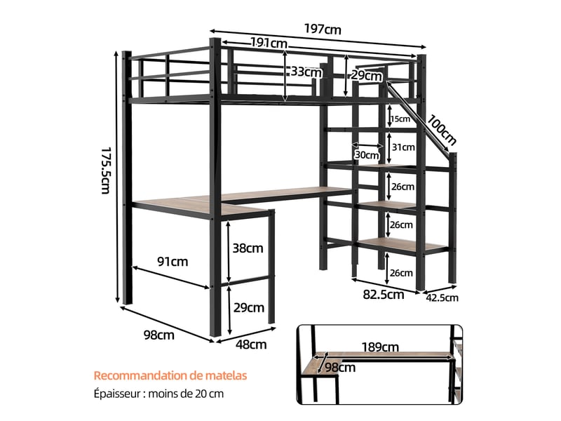 Lit mezzanine métal 90 x 190 cm, avec bureau en l, étagères et escalier de rangement, garde-corps, noir - Conforama C