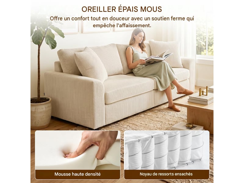  Canapé 3 places en velours côtelé blanc crème 212 x 80 x 88 cm  - Conforama E