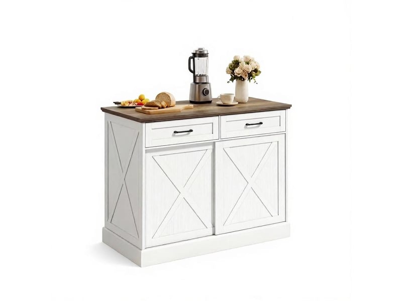  Îlot de cuisine fixe 106,4x57x92 cm avec 2 tiroirs, blanc et brun antique  - Conforama A