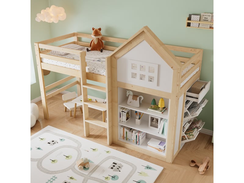  Lit mezzanine cabane enfant 90 x 200 cm avec rangements, 3 tiroirs, escalier sécurisé, garde-corps, pin et mdf, blanc et effet bois naturel  - Conforama D