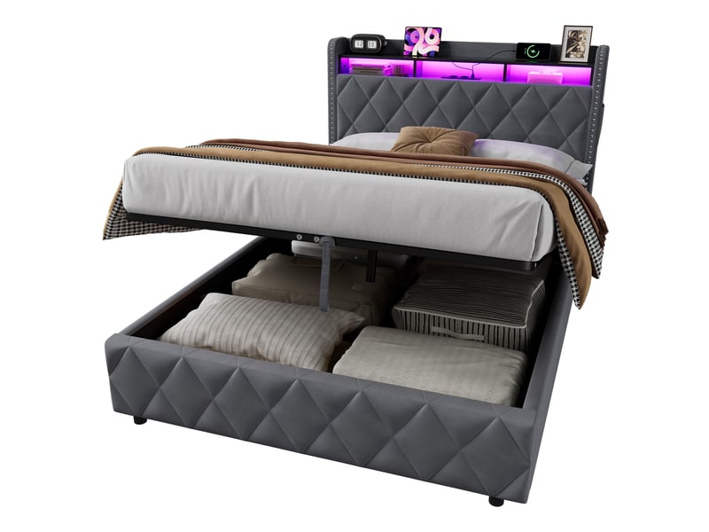 Lit 140 × 200 cm en velours, lit 2 places pour avec coffre de rangement hydraulique, led, couleur gris, sans matelas - Conforama A