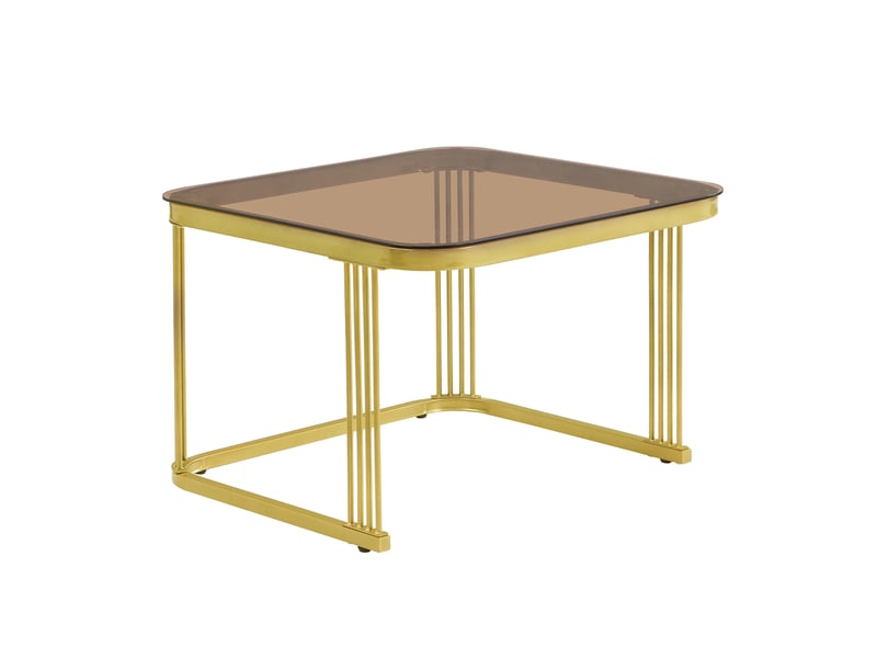  Table basse empilable : plateau en verre brun thé et aspect marbre brillant, détails dorés, table d’appoint avec tiroirs. Ensemble de deux pièces.  - Conforama E