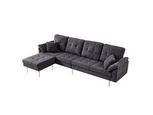Canapé 4 places en velours côtelé gris foncé, avec pouf mobile, configurable en l, pieds en métal, 250 cm